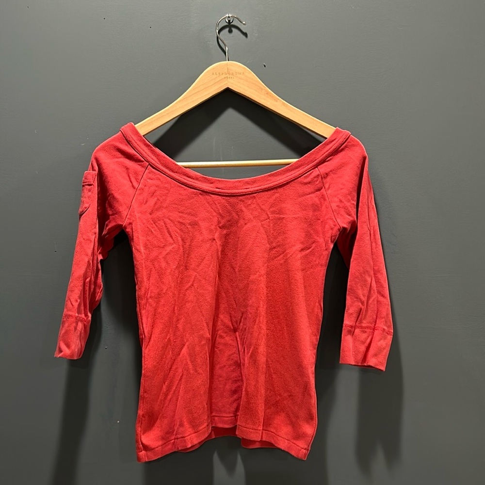 Ralph Lauren ~ Red Boatneck Three-quarter Sleeve Cropped Shirt ~ Size Small